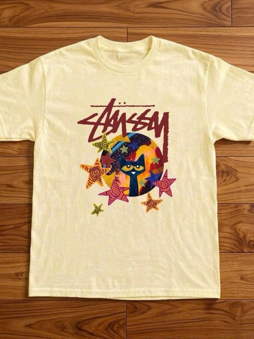 Gildan Yellow Graphic Tee with Multicolor Star & Cat Design
